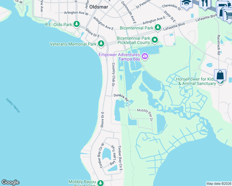 map of restaurants, bars, coffee shops, grocery stores, and more near 201 Dunkirk Road in Oldsmar