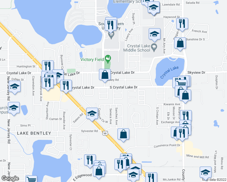 map of restaurants, bars, coffee shops, grocery stores, and more near 1610 Seneca Avenue in Lakeland