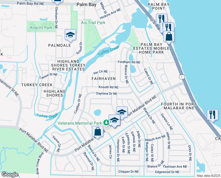 map of restaurants, bars, coffee shops, grocery stores, and more near 2926 Kosuth Road Northeast in Palm Bay