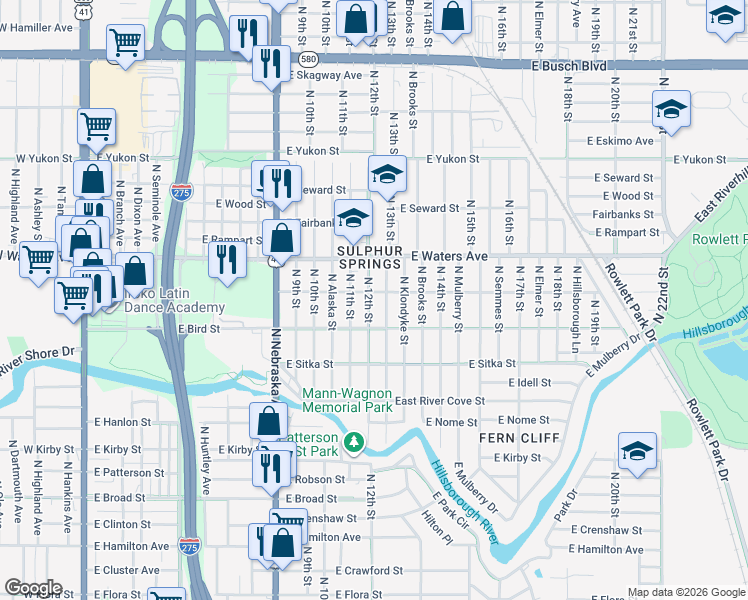 map of restaurants, bars, coffee shops, grocery stores, and more near 8208 North 12th Street in Tampa