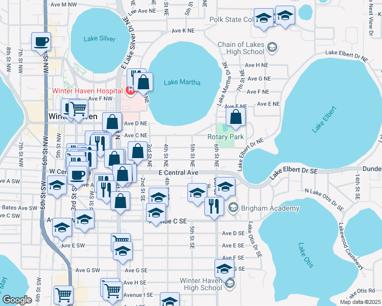 map of restaurants, bars, coffee shops, grocery stores, and more near 530 Avenue A Northeast in Winter Haven