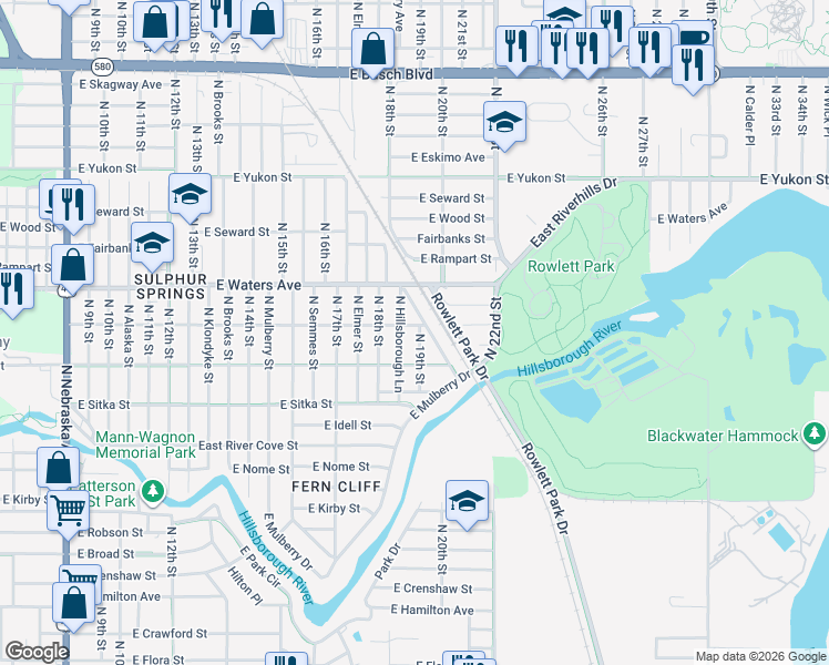 map of restaurants, bars, coffee shops, grocery stores, and more near 8216 North 19th Street in Tampa