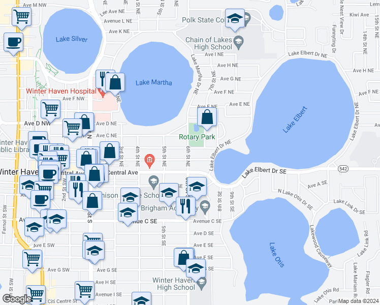 map of restaurants, bars, coffee shops, grocery stores, and more near 602 Avenue A Northeast in Winter Haven