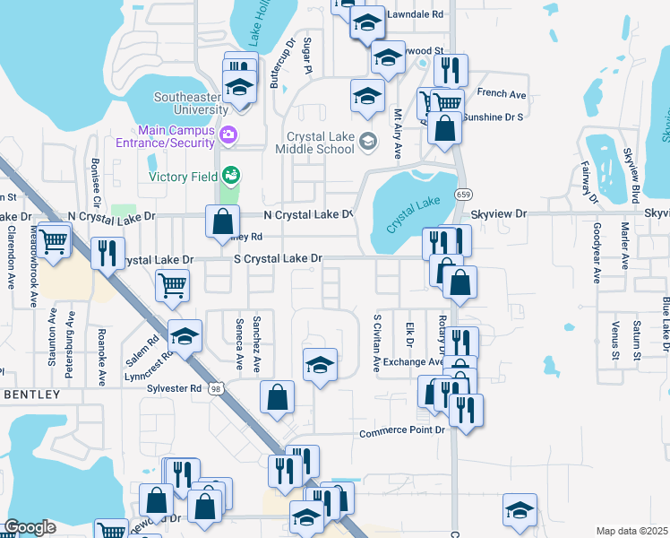 map of restaurants, bars, coffee shops, grocery stores, and more near 2325 Crystal Park North in Lakeland