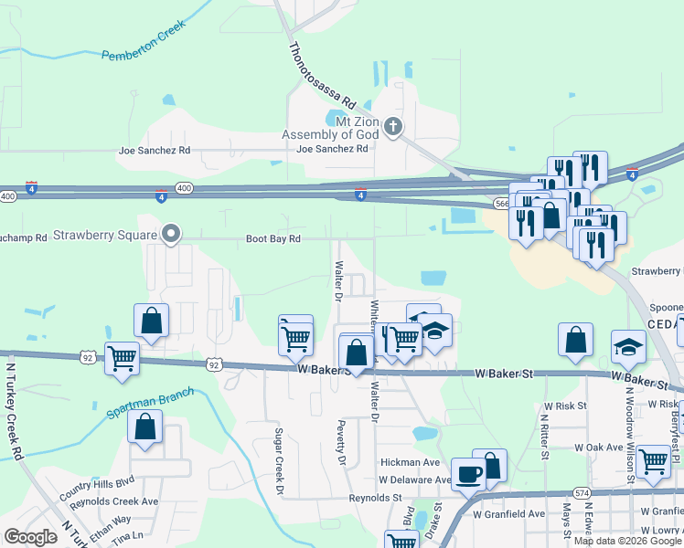 map of restaurants, bars, coffee shops, grocery stores, and more near 75 Walters Drive in Plant City
