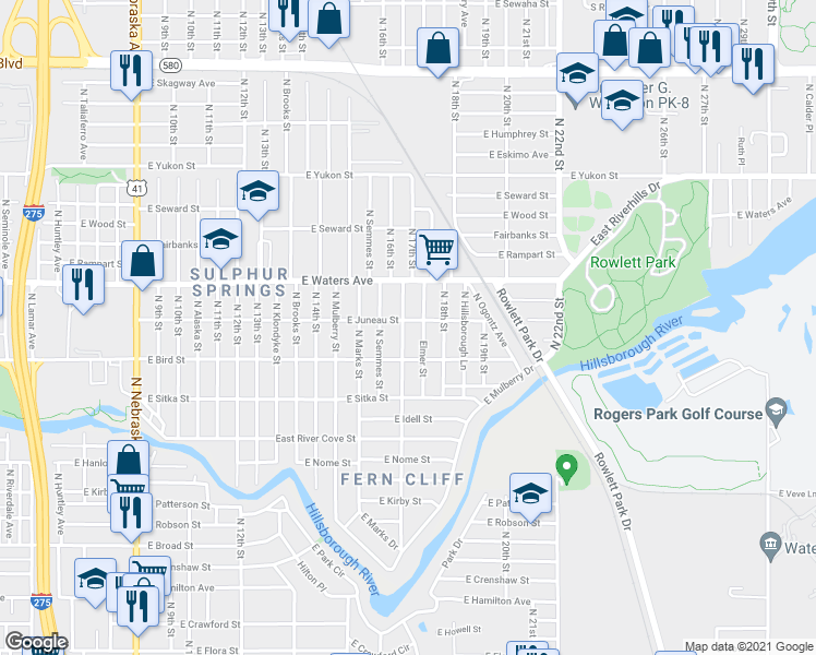 map of restaurants, bars, coffee shops, grocery stores, and more near 8208 Elmer Street in Tampa