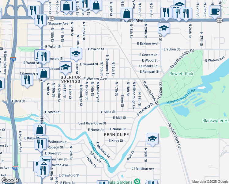 map of restaurants, bars, coffee shops, grocery stores, and more near 8205 North Semmes Street in Tampa