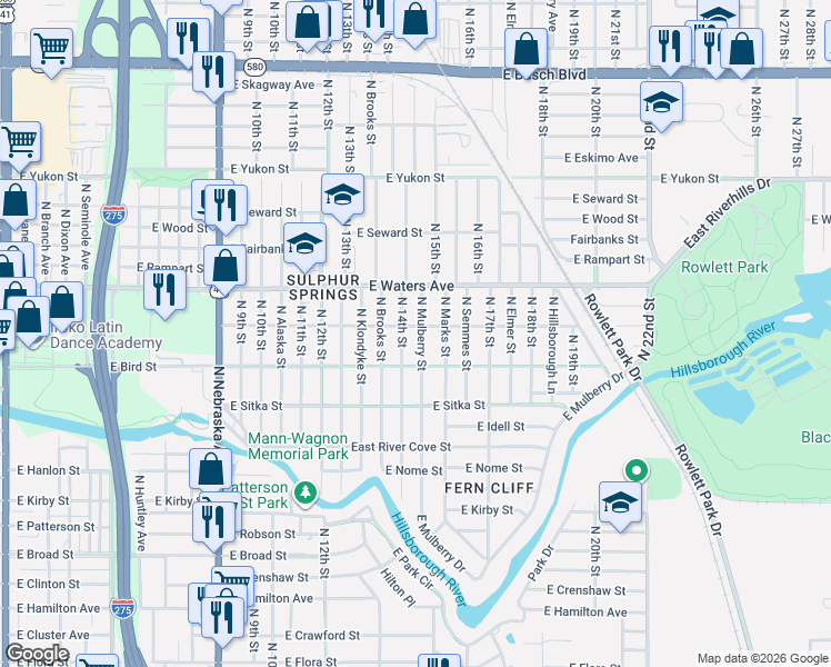 map of restaurants, bars, coffee shops, grocery stores, and more near 8207 North Mulberry Street in Tampa