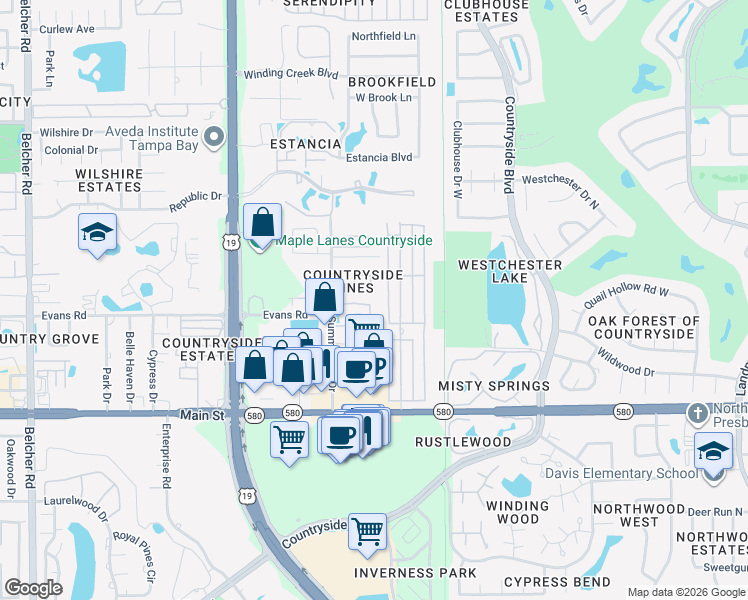 map of restaurants, bars, coffee shops, grocery stores, and more near 2796 Newbern Way in Clearwater