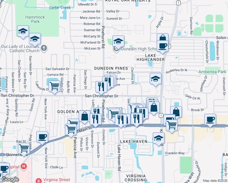 map of restaurants, bars, coffee shops, grocery stores, and more near 1348 San Christopher Drive in Dunedin