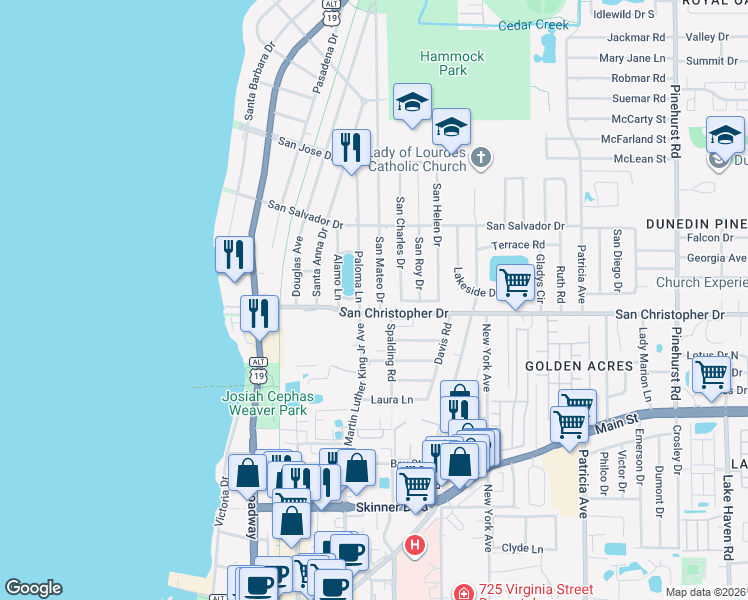 map of restaurants, bars, coffee shops, grocery stores, and more near 504 San Christopher Boulevard in Dunedin