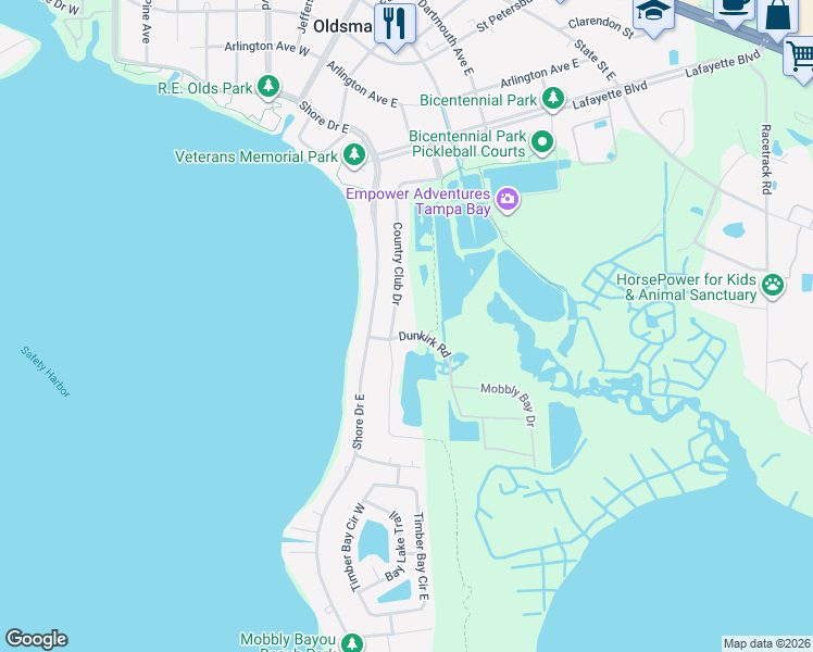map of restaurants, bars, coffee shops, grocery stores, and more near 206 Dunkirk Road in Oldsmar