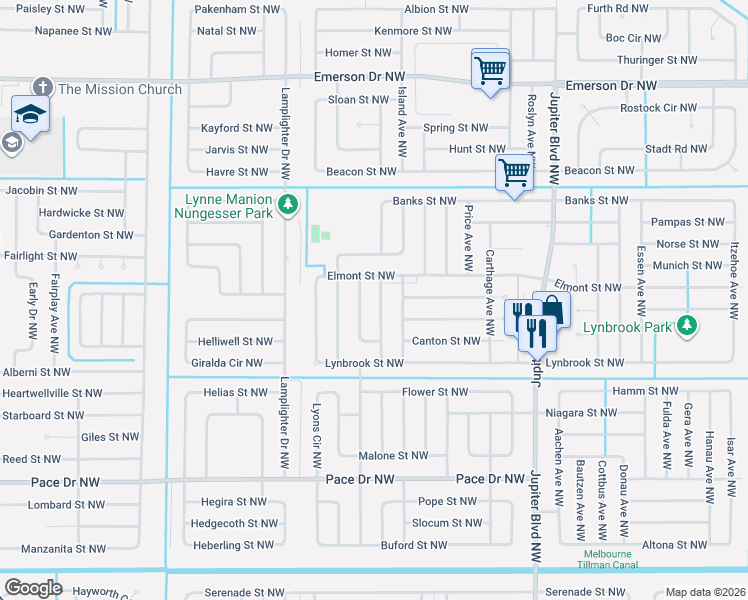 map of restaurants, bars, coffee shops, grocery stores, and more near 1043 Sheridan Avenue Northwest in Palm Bay