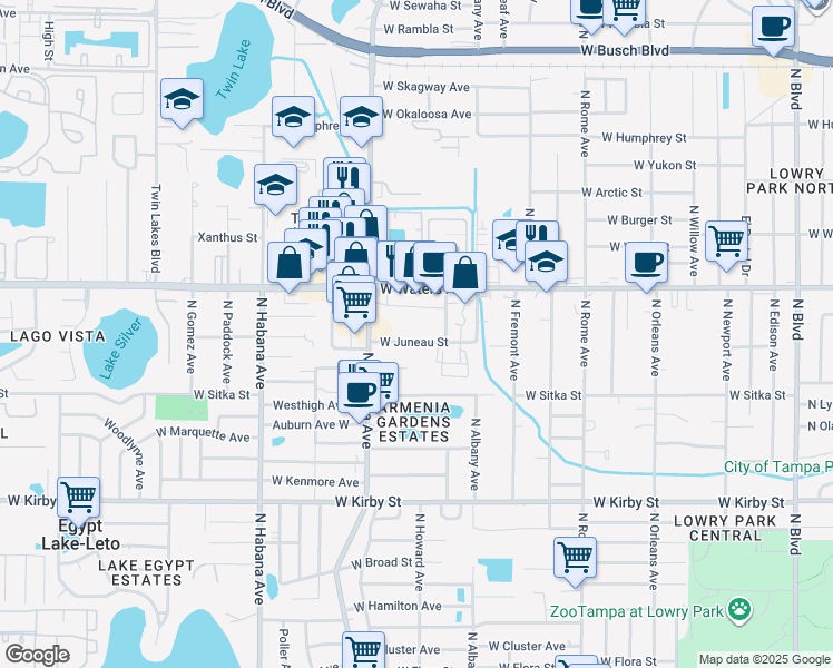 map of restaurants, bars, coffee shops, grocery stores, and more near 8312 North Saulray Street in Tampa