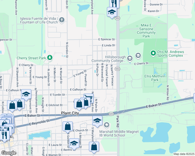map of restaurants, bars, coffee shops, grocery stores, and more near 1007 North Palm Drive in Plant City