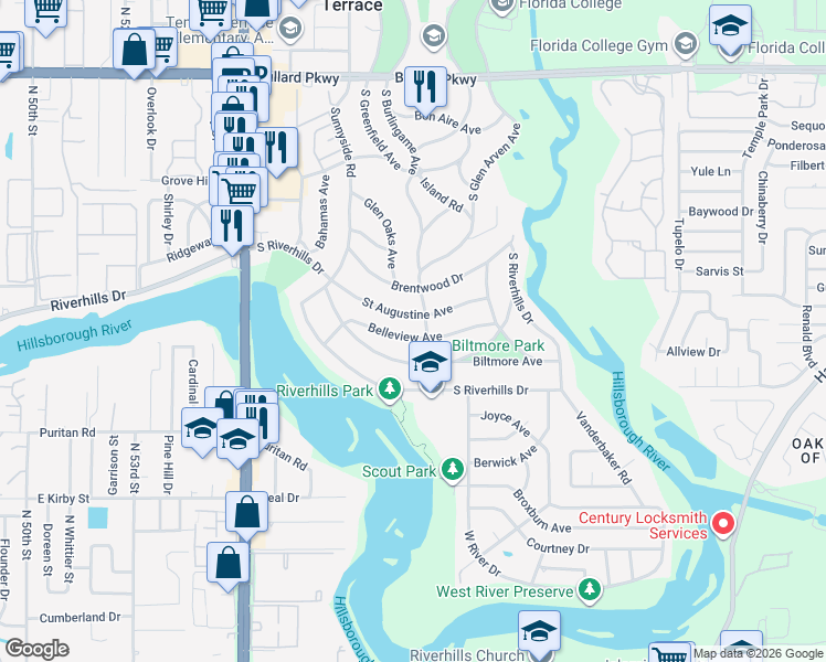 map of restaurants, bars, coffee shops, grocery stores, and more near 328 Belleview Avenue in Temple Terrace