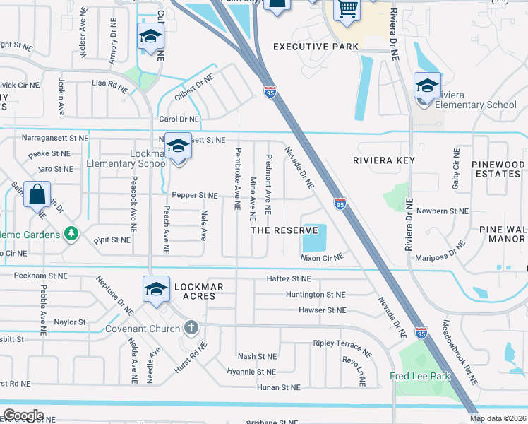 map of restaurants, bars, coffee shops, grocery stores, and more near 1020 Piedmont Avenue Northeast in Palm Bay