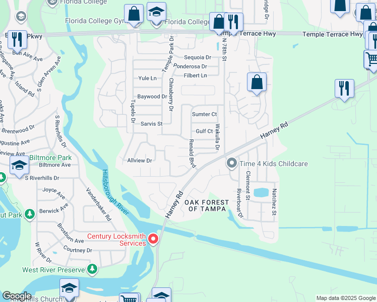 map of restaurants, bars, coffee shops, grocery stores, and more near 7505 Willow Park Drive in Tampa