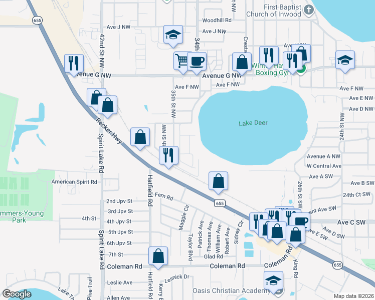 map of restaurants, bars, coffee shops, grocery stores, and more near 186 35th Street Northwest in Winter Haven
