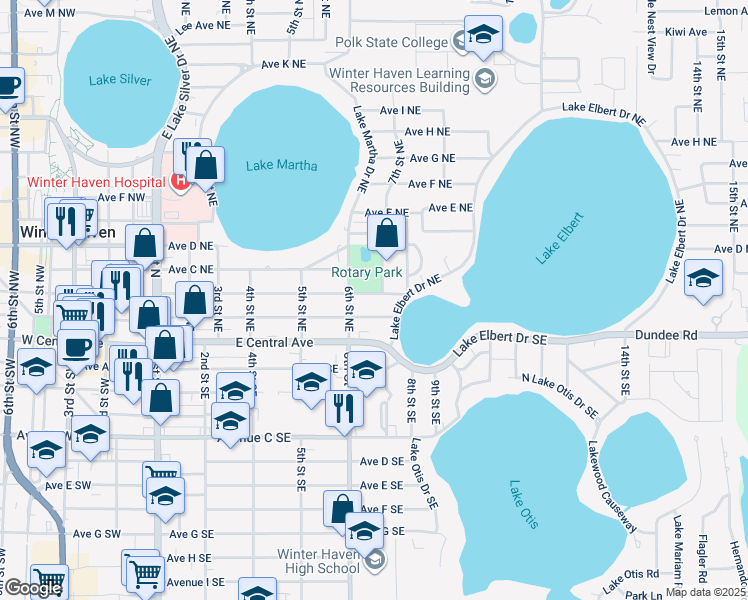 map of restaurants, bars, coffee shops, grocery stores, and more near 236 7th Street Northeast in Winter Haven