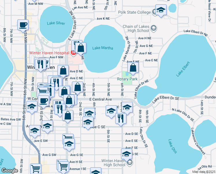 map of restaurants, bars, coffee shops, grocery stores, and more near 513 Avenue B Northeast in Winter Haven