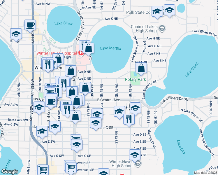 map of restaurants, bars, coffee shops, grocery stores, and more near 434 Avenue C Northeast in Winter Haven