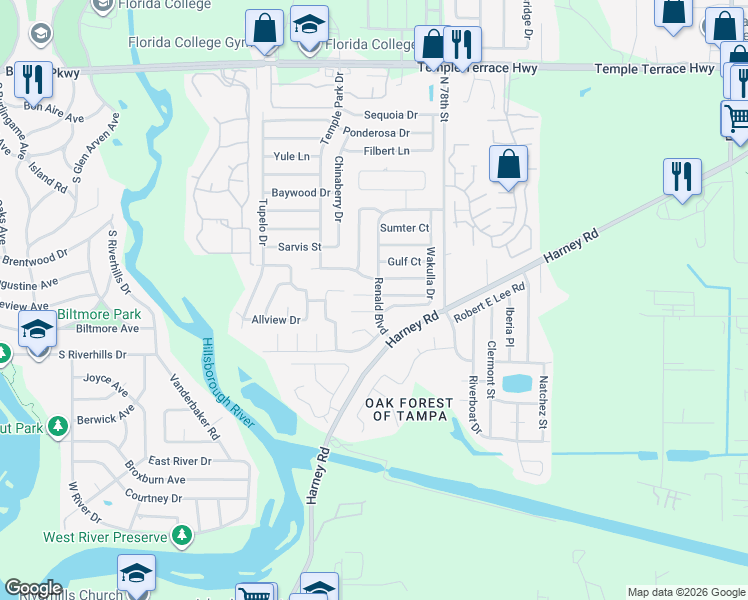 map of restaurants, bars, coffee shops, grocery stores, and more near 7505 Willow Park Drive in Tampa