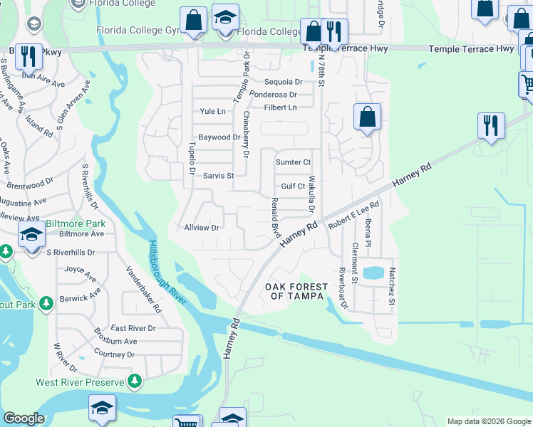 map of restaurants, bars, coffee shops, grocery stores, and more near 7505 Willow Park Drive in Tampa