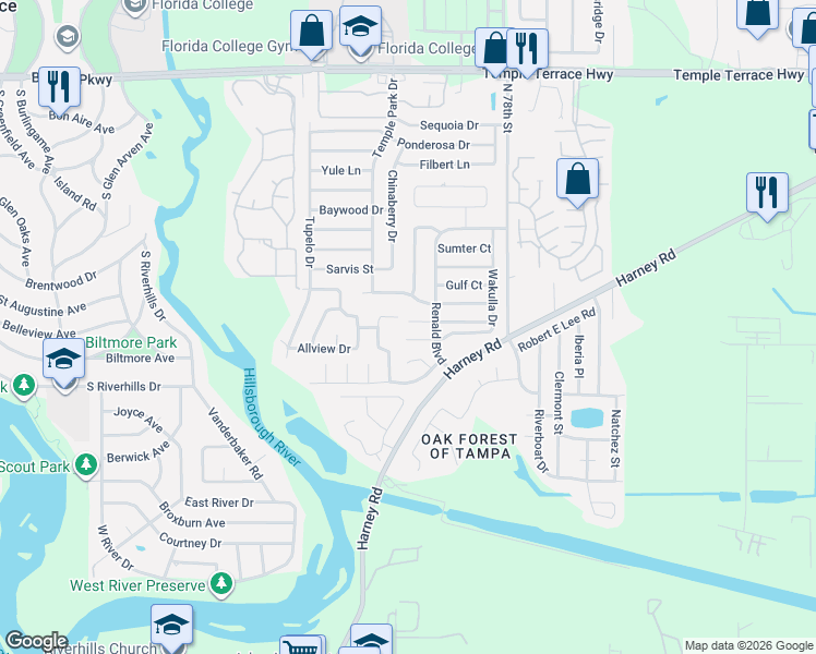 map of restaurants, bars, coffee shops, grocery stores, and more near 7505 Willow Park Drive in Tampa