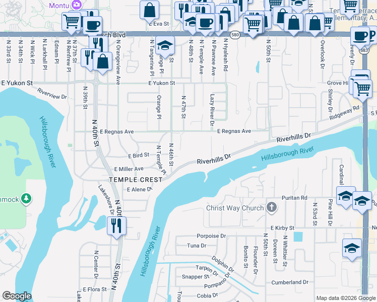 map of restaurants, bars, coffee shops, grocery stores, and more near 4705 East Regnas Avenue in Tampa