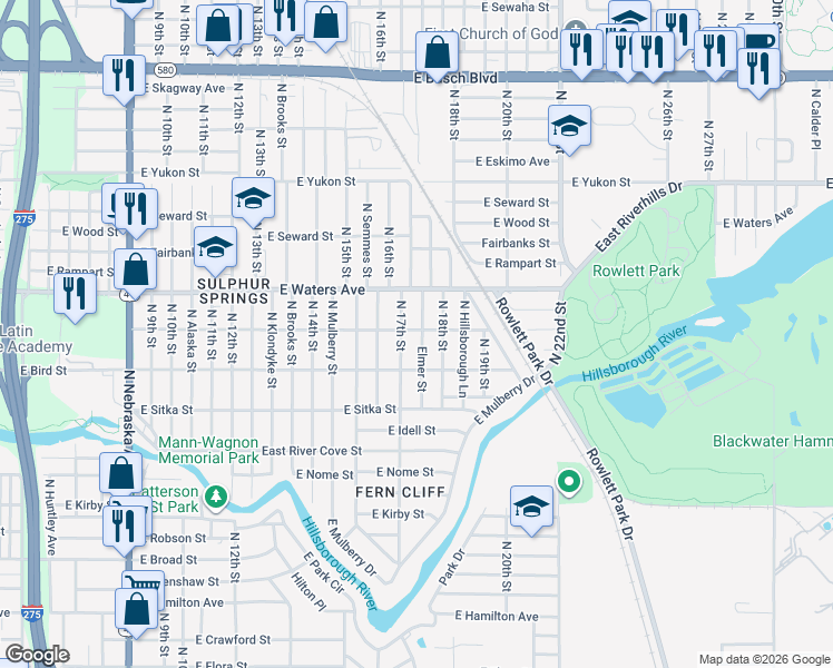 map of restaurants, bars, coffee shops, grocery stores, and more near 8308 North Elmer Street in Tampa