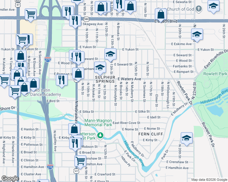 map of restaurants, bars, coffee shops, grocery stores, and more near 8308 North Klondyke Street in Tampa