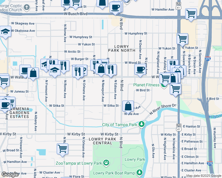 map of restaurants, bars, coffee shops, grocery stores, and more near 8313 North Newport Avenue in Tampa
