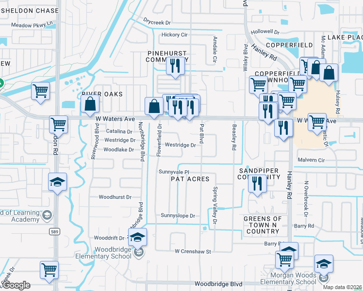 map of restaurants, bars, coffee shops, grocery stores, and more near 8319 Terracewood Circle in Tampa