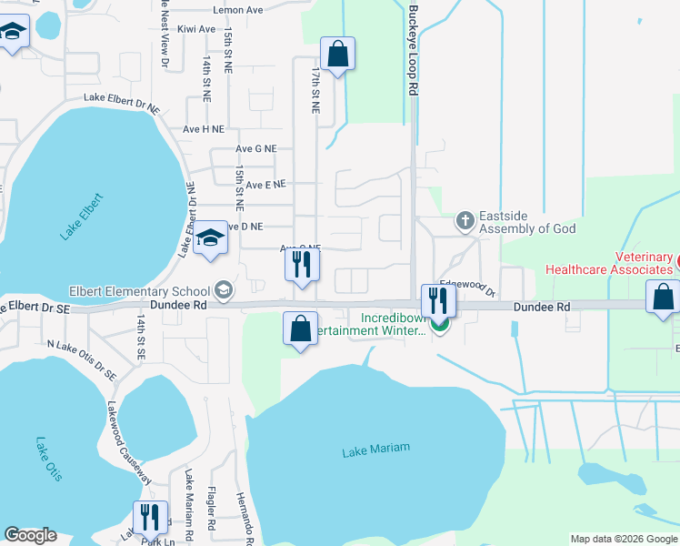 map of restaurants, bars, coffee shops, grocery stores, and more near 1327 Salisbury Drive in Winter Haven