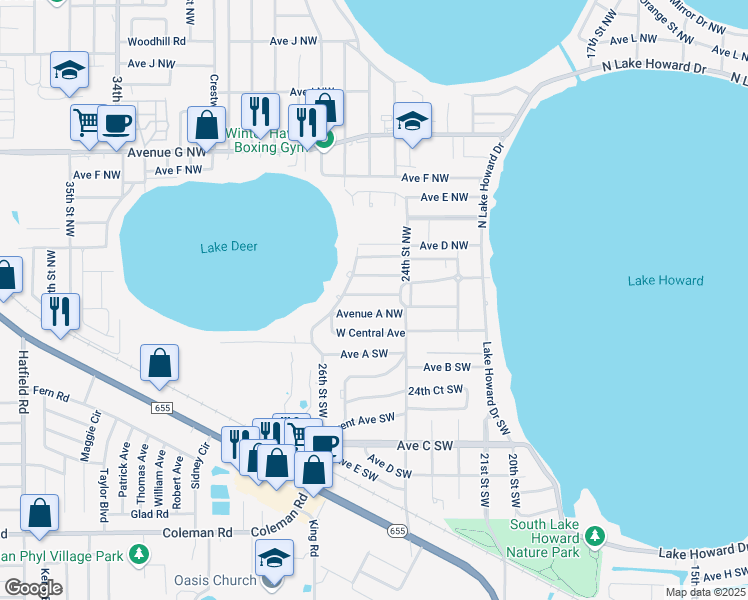 map of restaurants, bars, coffee shops, grocery stores, and more near 2408 Avenue A Terrace Northwest in Winter Haven