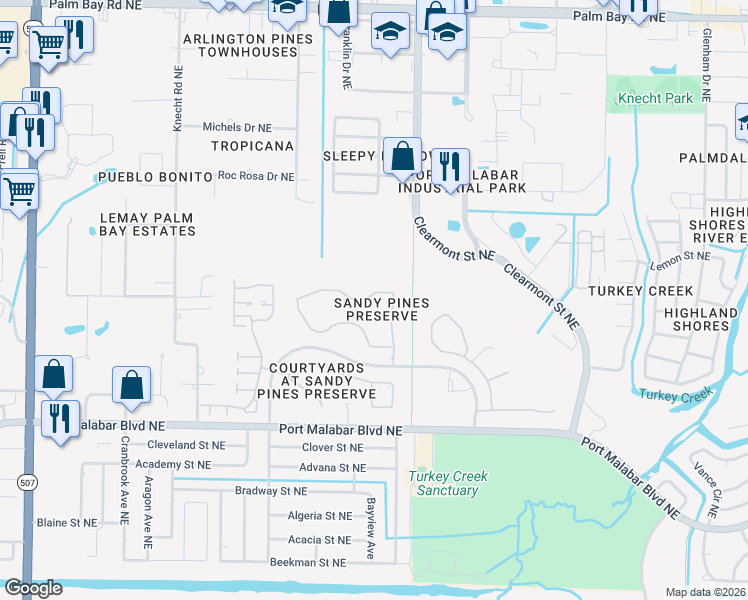 map of restaurants, bars, coffee shops, grocery stores, and more near 2230 Spring Creek Circle in Palm Bay