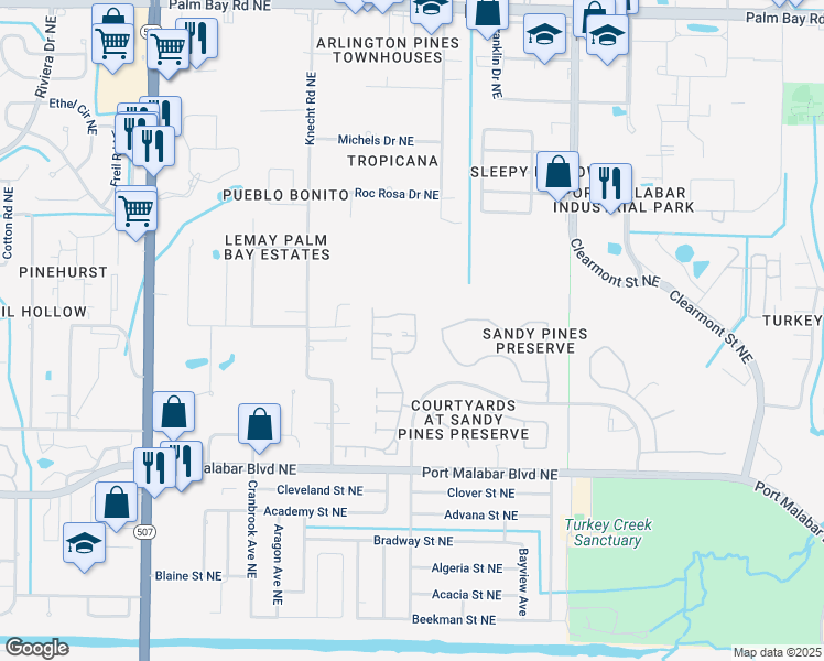 map of restaurants, bars, coffee shops, grocery stores, and more near 2095 Marlberry Court Northeast in Palm Bay