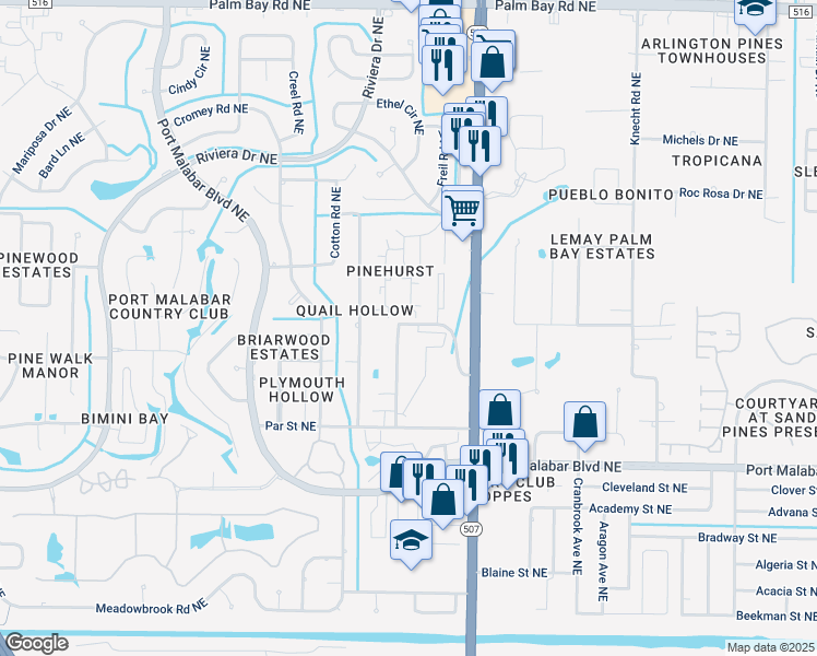 map of restaurants, bars, coffee shops, grocery stores, and more near 1690 Sunny Brook Lane in Palm Bay