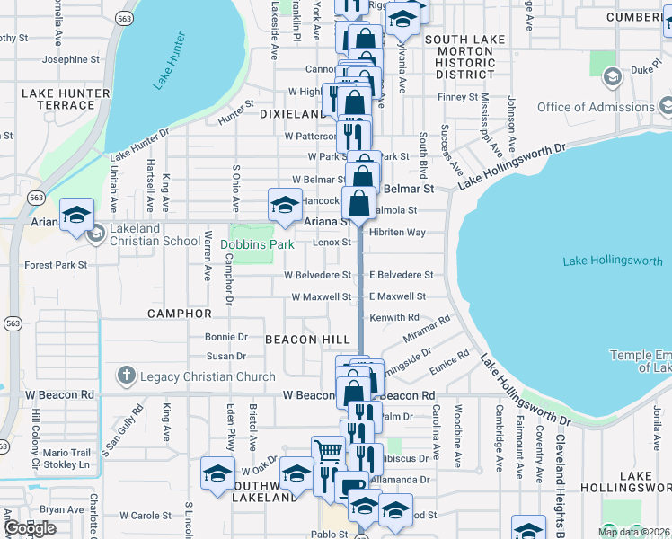 map of restaurants, bars, coffee shops, grocery stores, and more near 203 West Belvedere Street in Lakeland