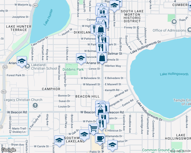 map of restaurants, bars, coffee shops, grocery stores, and more near 203 West Belvedere Street in Lakeland