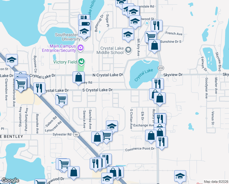map of restaurants, bars, coffee shops, grocery stores, and more near 2320 South Crystal Lake Drive in Lakeland