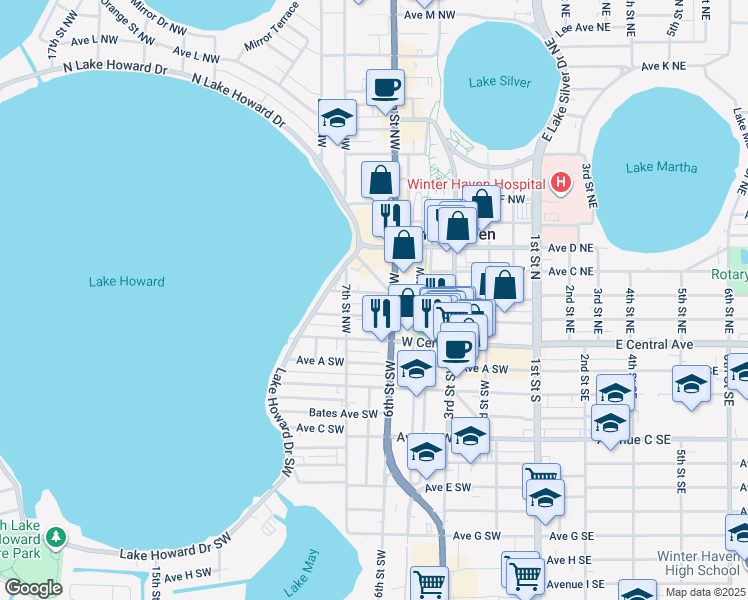 map of restaurants, bars, coffee shops, grocery stores, and more near 630 Avenue B Northwest in Winter Haven