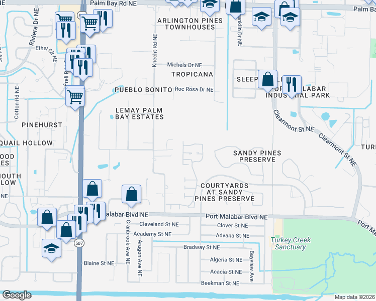 map of restaurants, bars, coffee shops, grocery stores, and more near 1189 Goldenrod Circle Northeast in Palm Bay