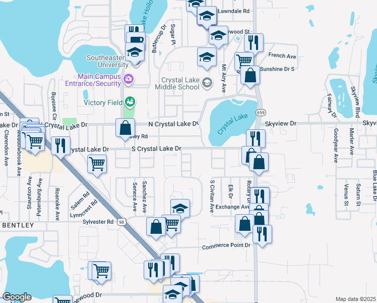 map of restaurants, bars, coffee shops, grocery stores, and more near 2320 South Crystal Lake Drive in Lakeland