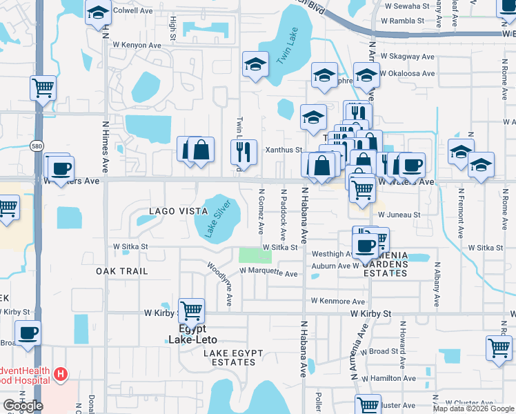 map of restaurants, bars, coffee shops, grocery stores, and more near 8311 North Gomez Avenue in Tampa