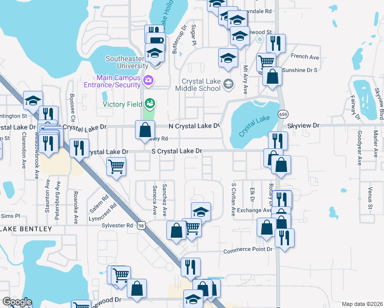 map of restaurants, bars, coffee shops, grocery stores, and more near 1613 Crystalview Trail in Lakeland
