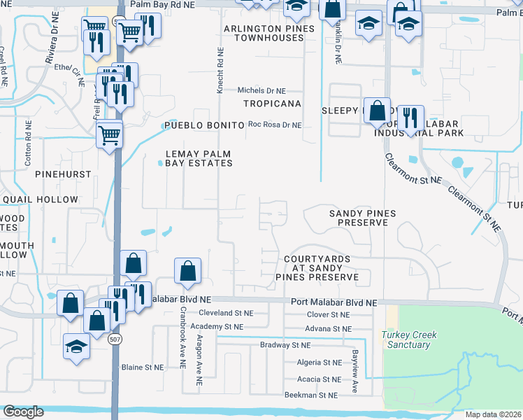 map of restaurants, bars, coffee shops, grocery stores, and more near 1189 Goldenrod Circle Northeast in Palm Bay