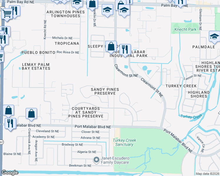 map of restaurants, bars, coffee shops, grocery stores, and more near 2242 Spring Creek Circle in Palm Bay