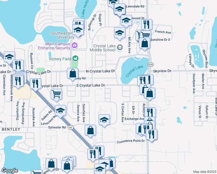 map of restaurants, bars, coffee shops, grocery stores, and more near 2320 South Crystal Lake Drive in Lakeland